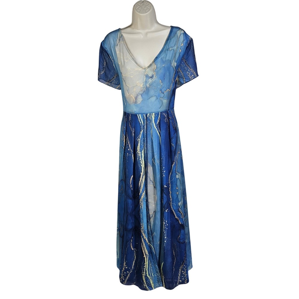 Blue‎ Marble V-Neck Midi Dress XXL Flowy Abstract Geode Art Fairycore Celestrial